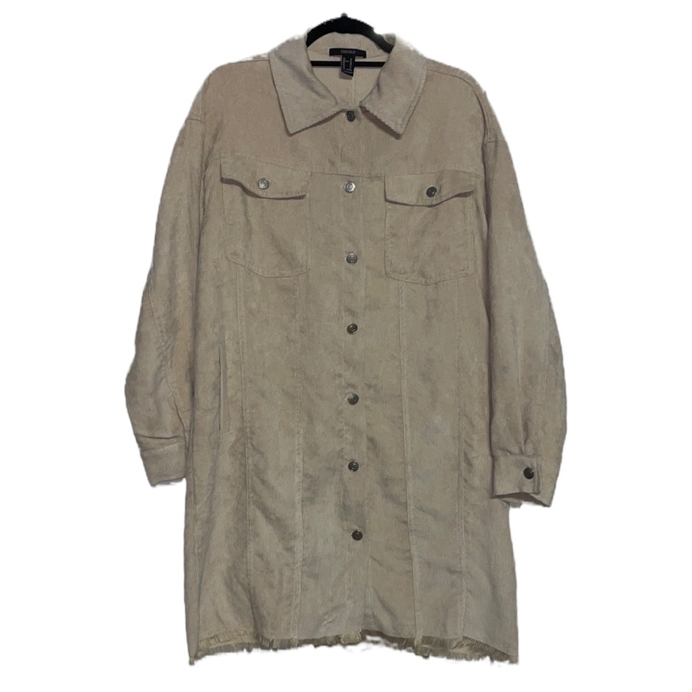 F21 Corduroy Button Front Shacket With Hem Fringe - Cocoa - Size M